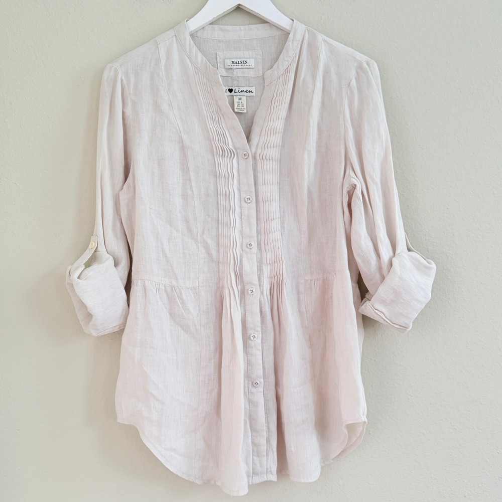 Malvin Hamburg Linen Pintuck Button‎ Down Tunic Blouse Women Medium Beige